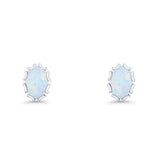 Oval 6.8mm Lab Created Opal Floral Stud Earring 925 Sterling Silver