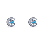 Crescent Moon & Star Stud Earring Lab Created Opal 925 Sterling Silver
