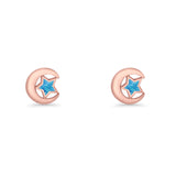 Crescent Moon & Star Stud Earring Lab Created Opal 925 Sterling Silver