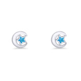 Crescent Moon & Star Stud Earring Lab Created Opal 925 Sterling Silver
