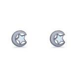 Crescent Moon & Star Stud Earring Lab Created Opal 925 Sterling Silver