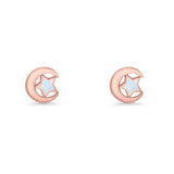 Crescent Moon & Star Stud Earring Lab Created Opal 925 Sterling Silver