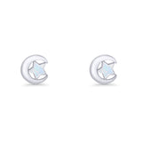 Crescent Moon & Star Stud Earring Lab Created Opal 925 Sterling Silver