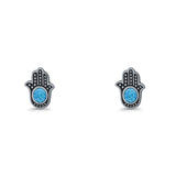 Round 9mm Lab Created Opal Hand Of Hamsa Stud Earring Oxidized 925 Sterling Silver