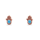 Round 9mm Lab Created Opal Hand Of Hamsa Stud Earring Oxidized 925 Sterling Silver