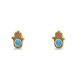 Round 9mm Lab Created Opal Hand Of Hamsa Stud Earring Oxidized 925 Sterling Silver