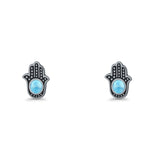 Round 9mm Lab Created Opal Hand Of Hamsa Stud Earring Oxidized 925 Sterling Silver