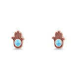 Round 9mm Lab Created Opal Hand Of Hamsa Stud Earring Oxidized 925 Sterling Silver