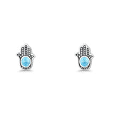 Round 9mm Lab Created Opal Hand Of Hamsa Stud Earring Oxidized 925 Sterling Silver