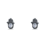 Round 9mm Lab Created Opal Hand Of Hamsa Stud Earring Oxidized 925 Sterling Silver