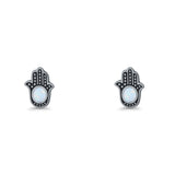 Round 9mm Lab Created Opal Hand Of Hamsa Stud Earring Oxidized 925 Sterling Silver