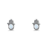 Round 9mm Lab Created Opal Hand Of Hamsa Stud Earring Oxidized 925 Sterling Silver