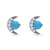 Moon Stud Earring 7mm Round Lab Created Opal & Clear CZ 925 Sterling Silver