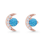 Moon Stud Earring 7mm Round Lab Created Opal & Clear CZ 925 Sterling Silver