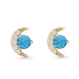 Moon Stud Earring 7mm Round Lab Created Opal & Clear CZ 925 Sterling Silver