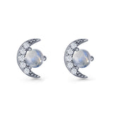 Moon Stud Earring 7mm Round Lab Created Opal & Clear CZ 925 Sterling Silver