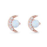 Moon Stud Earring 7mm Round Lab Created Opal & Clear CZ 925 Sterling Silver