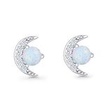 Moon Stud Earring 7mm Round Lab Created Opal & Clear CZ 925 Sterling Silver