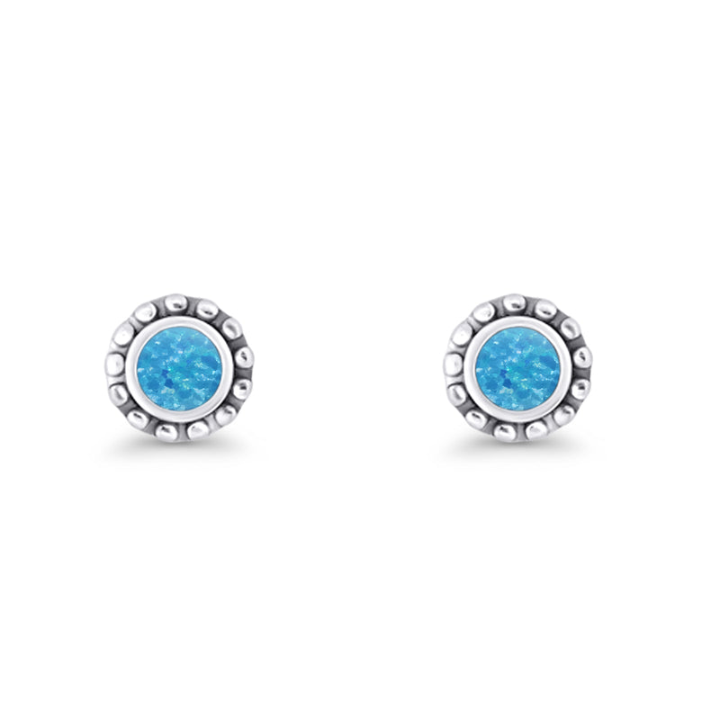 Round Beaded 7.2mm Lab Created Opal Stud Earring Oxidized 925 Sterling Silver