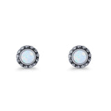 Round Beaded 7.2mm Lab Created Opal Stud Earring Oxidized 925 Sterling Silver