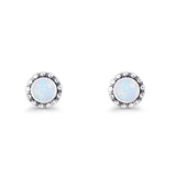 Round Beaded 7.2mm Lab Created Opal Stud Earring Oxidized 925 Sterling Silver