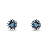 Sunflower Stud Earring 8.6mm Lab Created Opal Oxidized 925 Sterling Silver