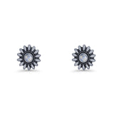 Sunflower Stud Earring 8.6mm Lab Created Opal Oxidized 925 Sterling Silver