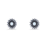 Sunflower Stud Earring 8.6mm Lab Created Opal Oxidized 925 Sterling Silver