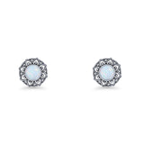 Sunflower Stud Earring 8.8mm Lab Created Opal Oxidized 925 Sterling Silver