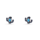 Cactus Stud Earring 8mm Oxidized Lab Created Opal 925 Sterling Silver