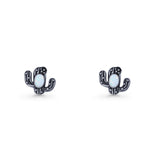 Cactus Stud Earring 8mm Oxidized Lab Created Opal 925 Sterling Silver