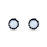 Round Lab Created Opal Beaded Oxidized Stud Earring 925 Sterling Silver