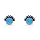 Round Solitaire Lab Created Opal Oxidized Stud Earring Beaded Design 925 Sterling Silver