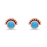 Round Solitaire Lab Created Opal Oxidized Stud Earring Beaded Design 925 Sterling Silver