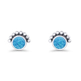 Round Solitaire Lab Created Opal Oxidized Stud Earring Beaded Design 925 Sterling Silver