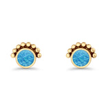 Round Solitaire Lab Created Opal Oxidized Stud Earring Beaded Design 925 Sterling Silver