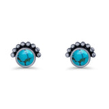 Round Solitaire Lab Created Opal Oxidized Stud Earring Beaded Design 925 Sterling Silver