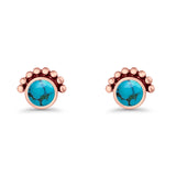 Round Solitaire Lab Created Opal Oxidized Stud Earring Beaded Design 925 Sterling Silver