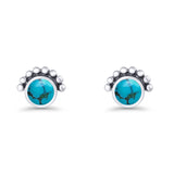 Round Solitaire Lab Created Opal Oxidized Stud Earring Beaded Design 925 Sterling Silver