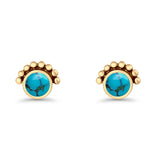 Round Solitaire Lab Created Opal Oxidized Stud Earring Beaded Design 925 Sterling Silver