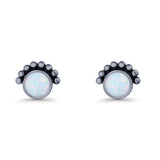Round Solitaire Lab Created Opal Oxidized Stud Earring Beaded Design 925 Sterling Silver