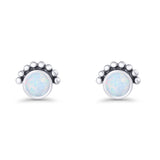 Round Solitaire Lab Created Opal Oxidized Stud Earring Beaded Design 925 Sterling Silver