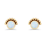 Round Solitaire Lab Created Opal Oxidized Stud Earring Beaded Design 925 Sterling Silver