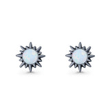 Sunflower 11mm Round Lab Created Opal Stud Earring Star Oxidized 925 Sterling Silver