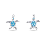Turtle Dangle Drop 17.3mm Fishhook Earring Lab Created Blue Opal 925 Sterling Silver