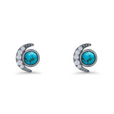 Minimalist 10.4mm Crescent Moon Stud Earrings Turquoise & Cubic Zirconia 925 Sterling Silver