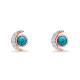 Minimalist 10.4mm Crescent Moon Stud Earrings Turquoise & Cubic Zirconia 925 Sterling Silver