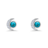 Minimalist 10.4mm Crescent Moon Stud Earrings Turquoise & Cubic Zirconia 925 Sterling Silver