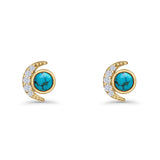 Minimalist 10.4mm Crescent Moon Stud Earrings Turquoise & Cubic Zirconia 925 Sterling Silver