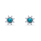 Minimalist 8.2mm Floral Stud Earrings Turquoise & Cubic Zirconia 925 Sterling Silver